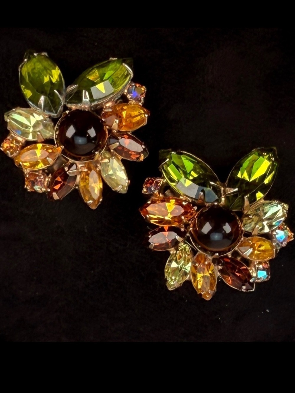 Vintage multicolored rhinestone clip on weighted earrings
